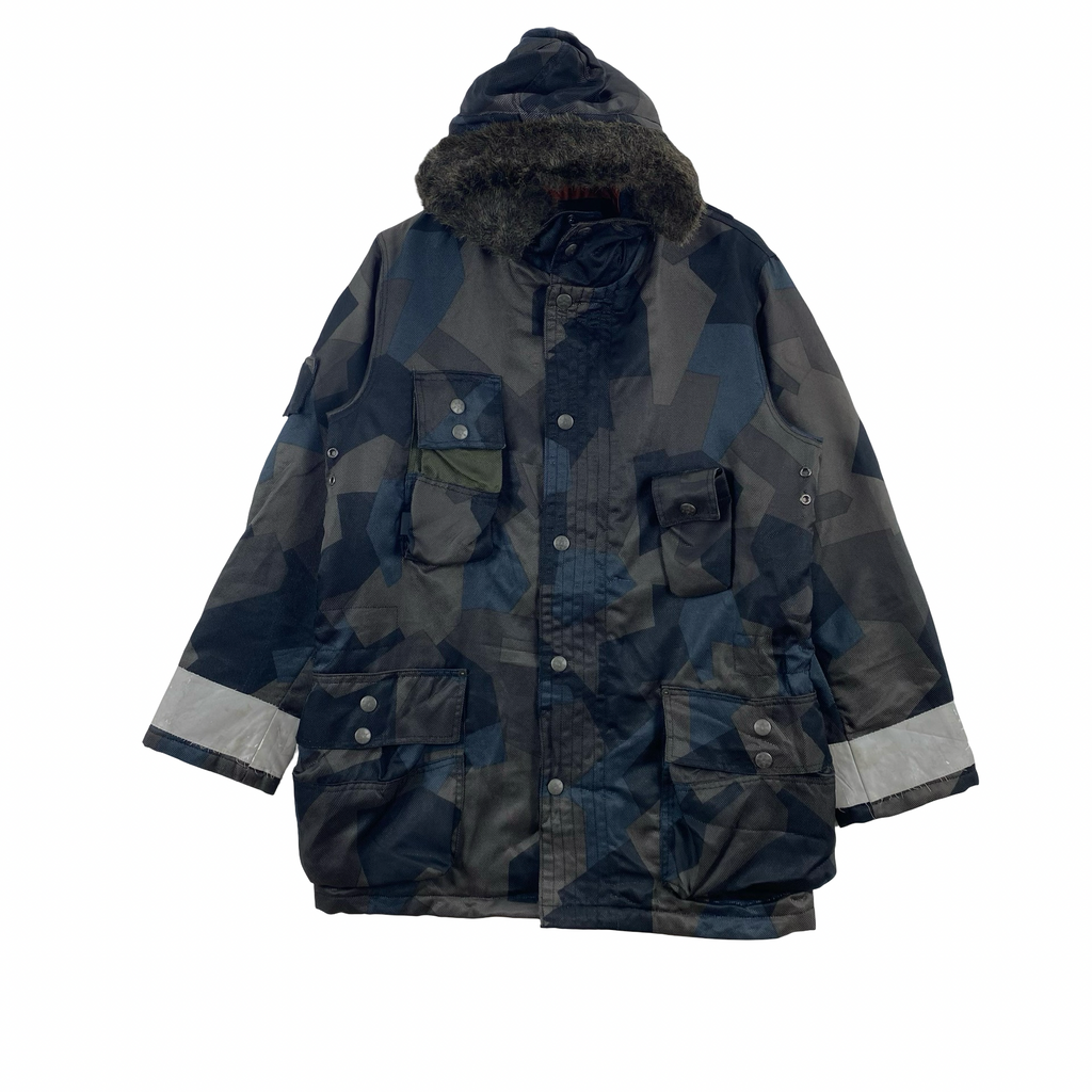 Vintage 291295=HOMME Fur Hood Geometric Camo Parka Jacket Military Utility Reflective Winter Coat Oversized