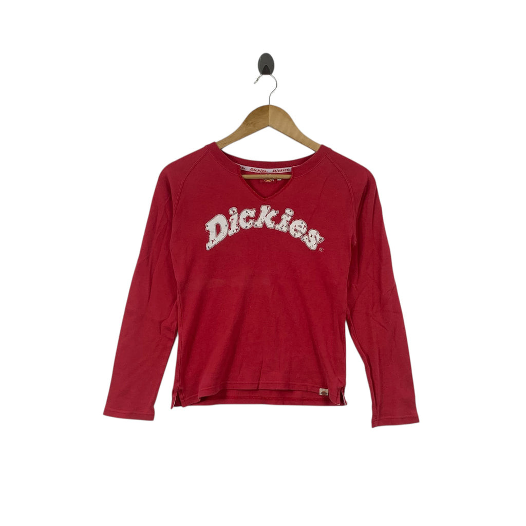 DICKIES USA RHINESTONE Distress Design Tee Shirt Top V-Neck Long Sleeve