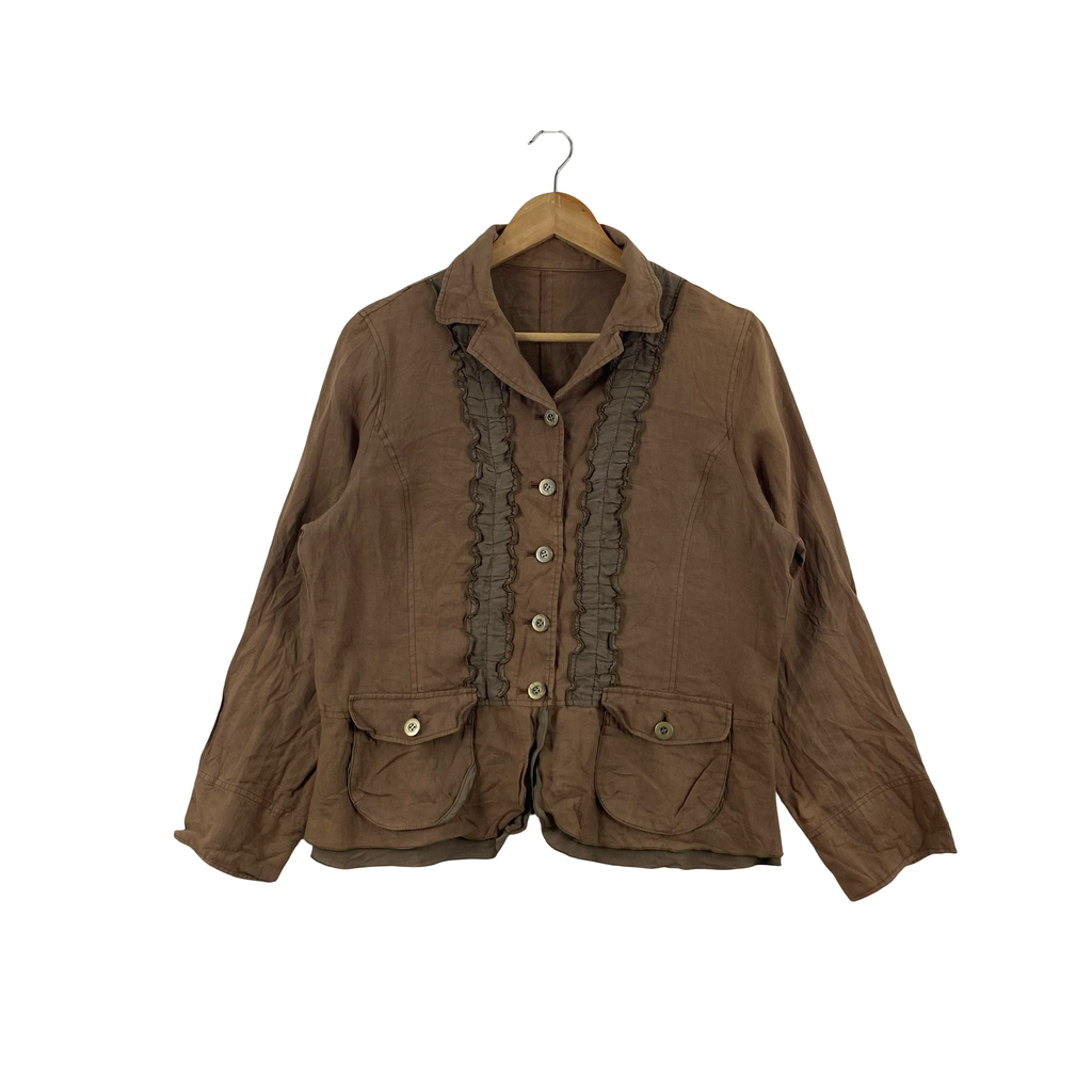 Vintage EARTH TONE RUFFLE Trim Jacket Button Front Casual Lightweight Workwear Style Coat