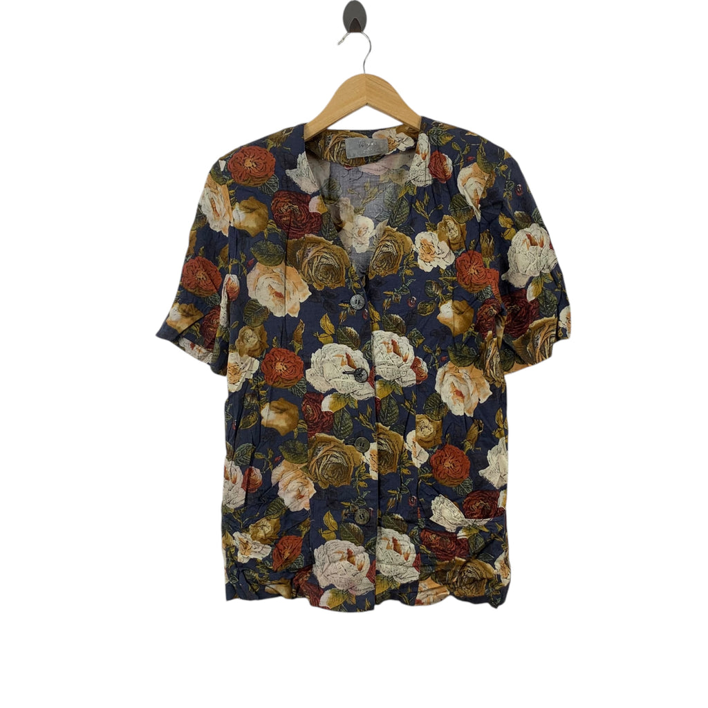 Vintage MAGNI JAPAN FLORAL Open Collar Button Up Shirt Casual Blouse Over Print