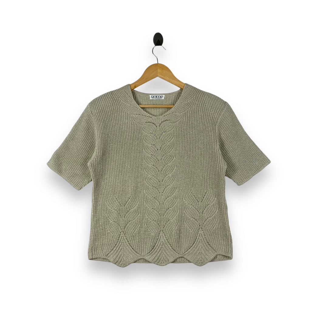 Vintage PRIME Knit Relaxing & Elegant Short Sleeve Top Japan Beige Scallop Hem Leaf Pattern