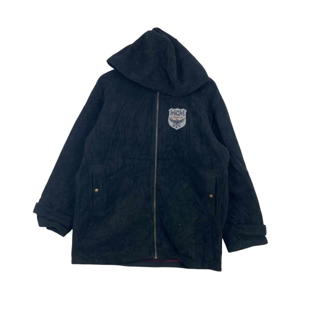 Vintage MCM Legere Hooded Jacket Front Embroidered Crest Logo Fleece Lined Adjustable Cuffs & Utility Pockets Retro