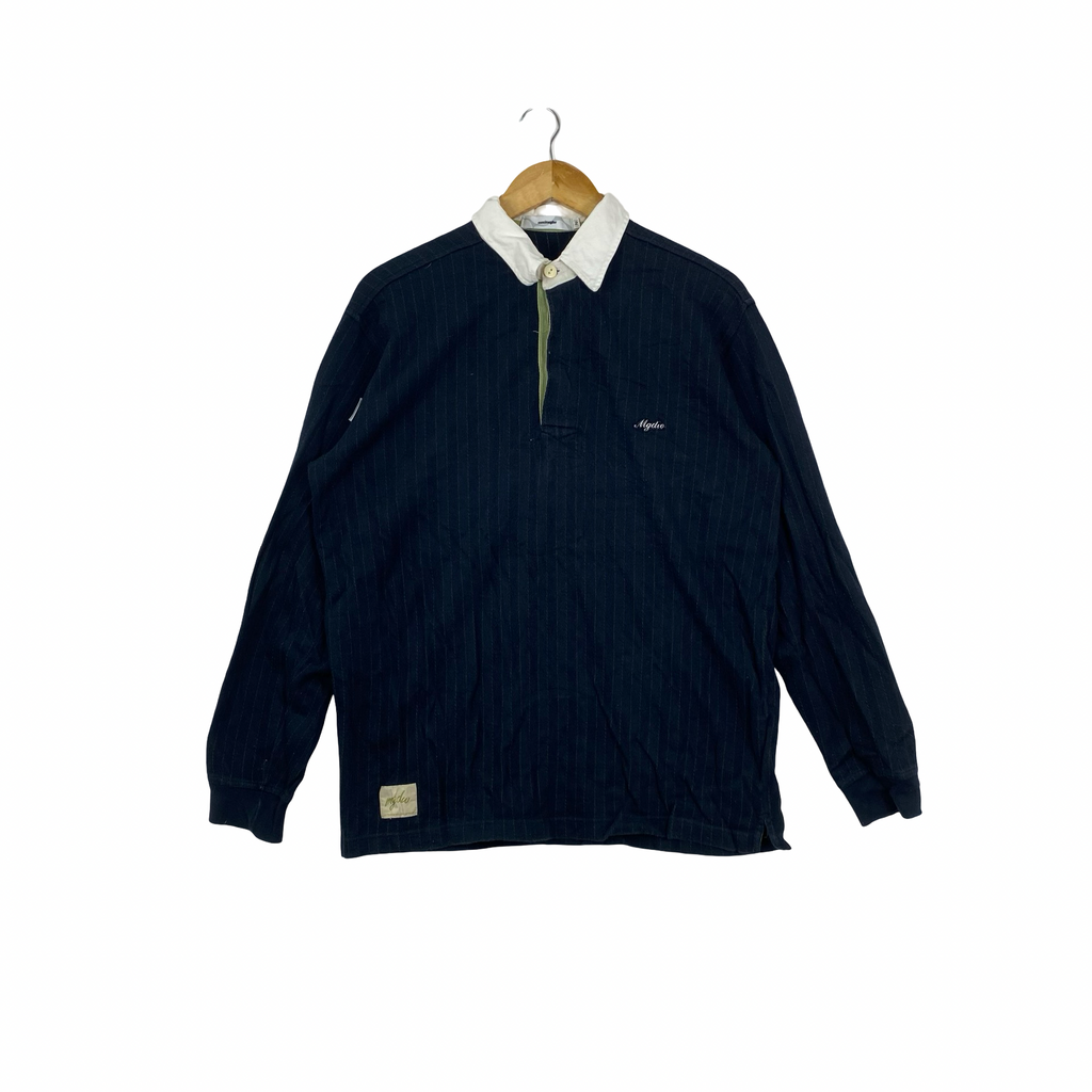 Vintage MGDIO Pinstripe Rugby Polo Shirt Long Sleeve Collar Casual Streetwear