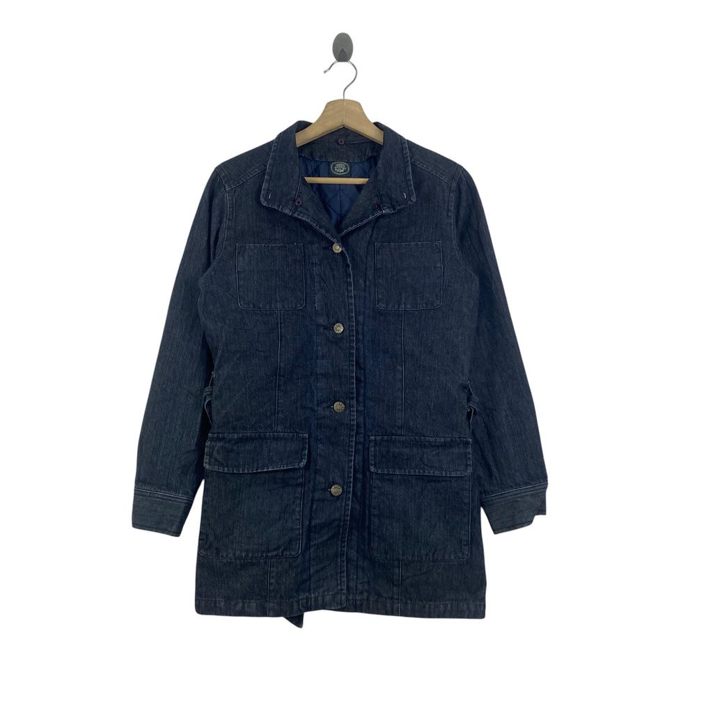 Vintage LANDS’ END Denim Utility Jacket Quilted Lined Multi Pocket Workwear Safari Style Coat Classic Americana Casual Jacket