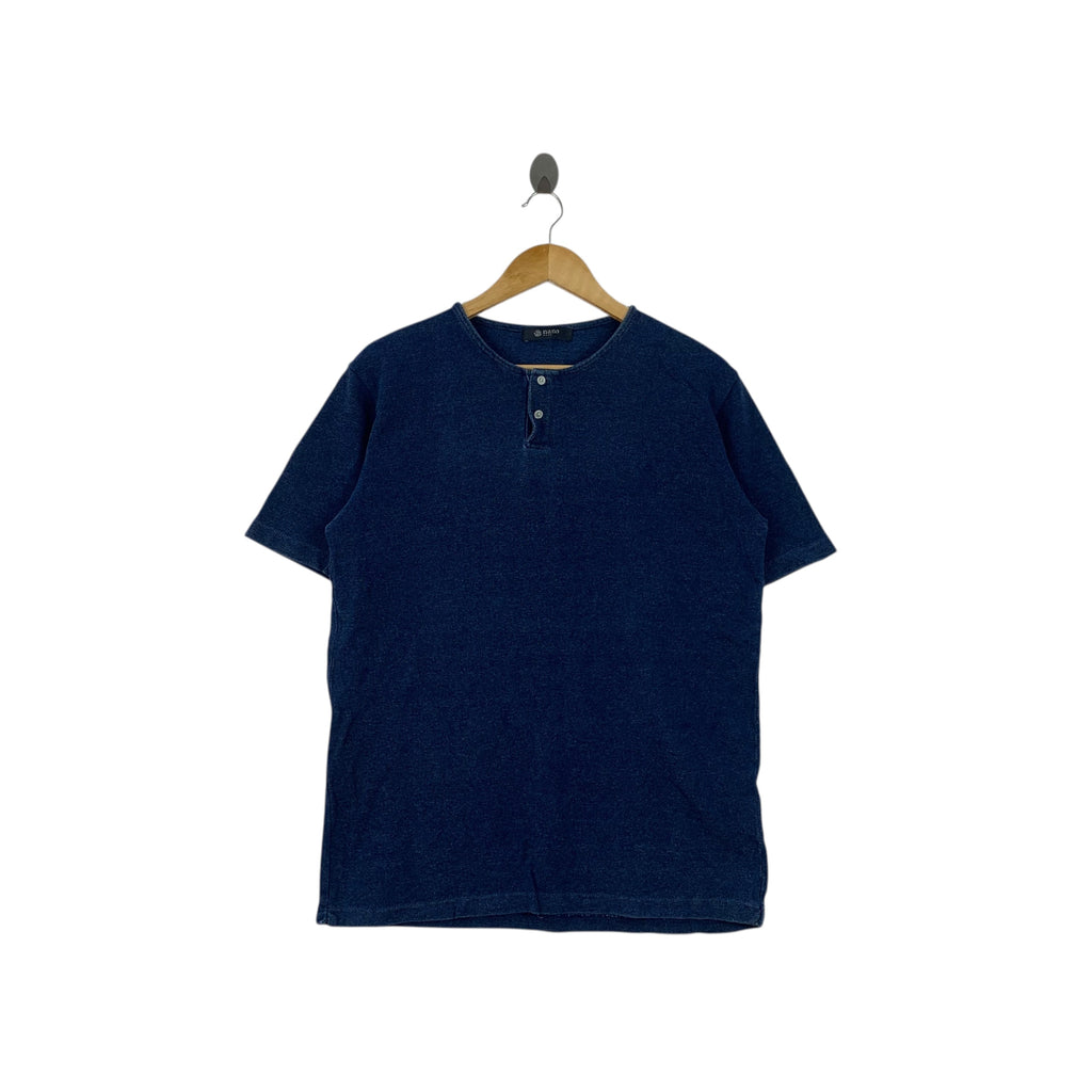 NANO UNIVERSE BASE Collection Japan Indigo Henley Tee Shirt Top Minimalist Design