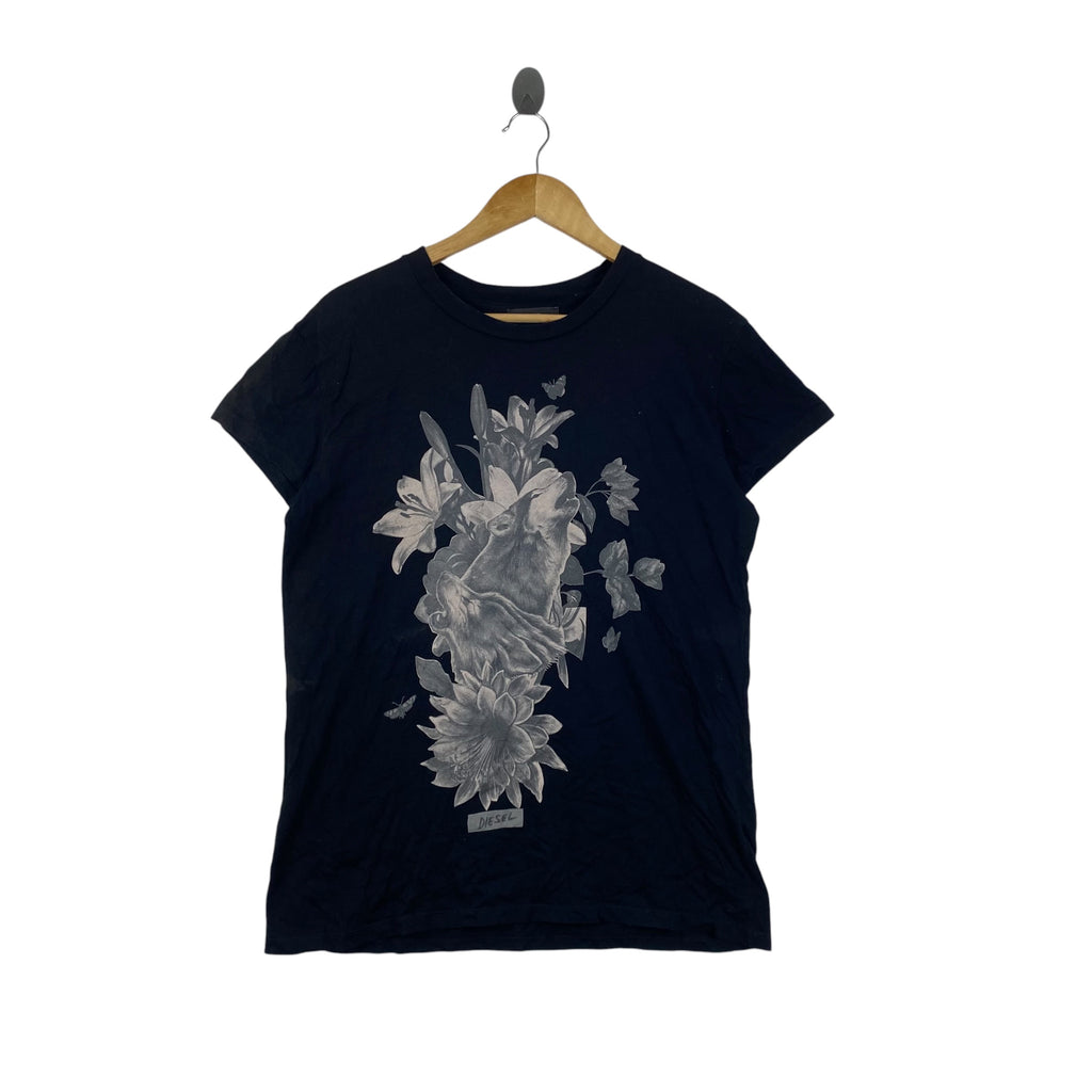 Vintage DIESEL Graphic Tee Shirt Rabbit Floral Botanical Print Y2K Designer Casual Streetwear Retro