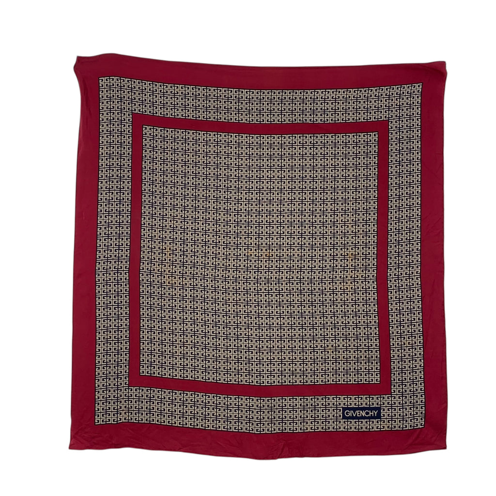 Vintage GIVENCHY PARIS Micro Monogram Geometric Silk Scarf Hand Rolled Shawl Neckerchief Red Border
