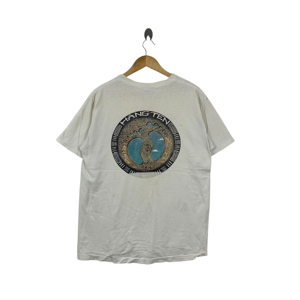 Vintage 90s HANG TEN SURF California Distress Thrashed Tee Shirt Top Foot Logo Hawaii