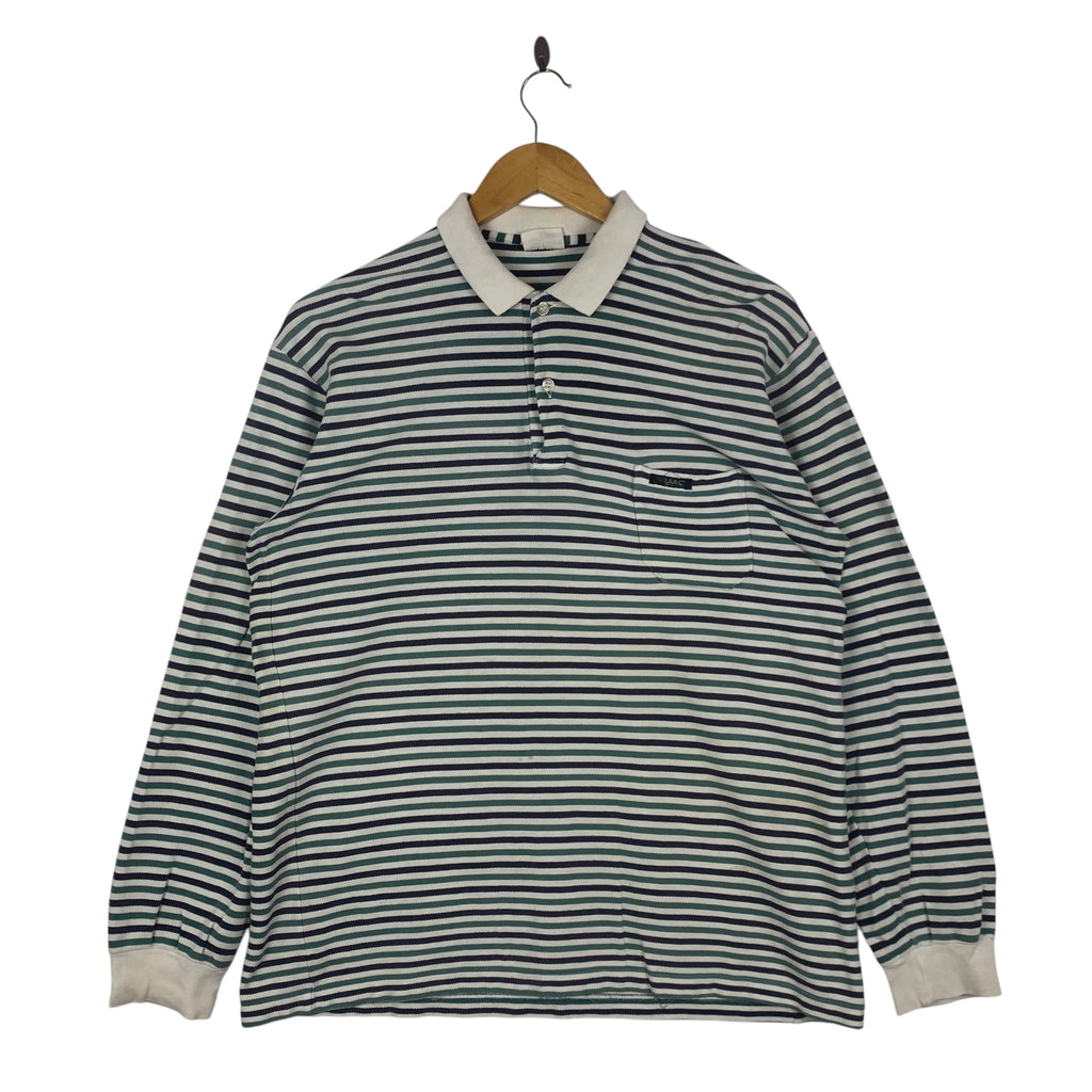 Vintage LAACO USA Embroidered Logo Polo Tee Shirt Stripes Long Sleeve West Coast Self Storage