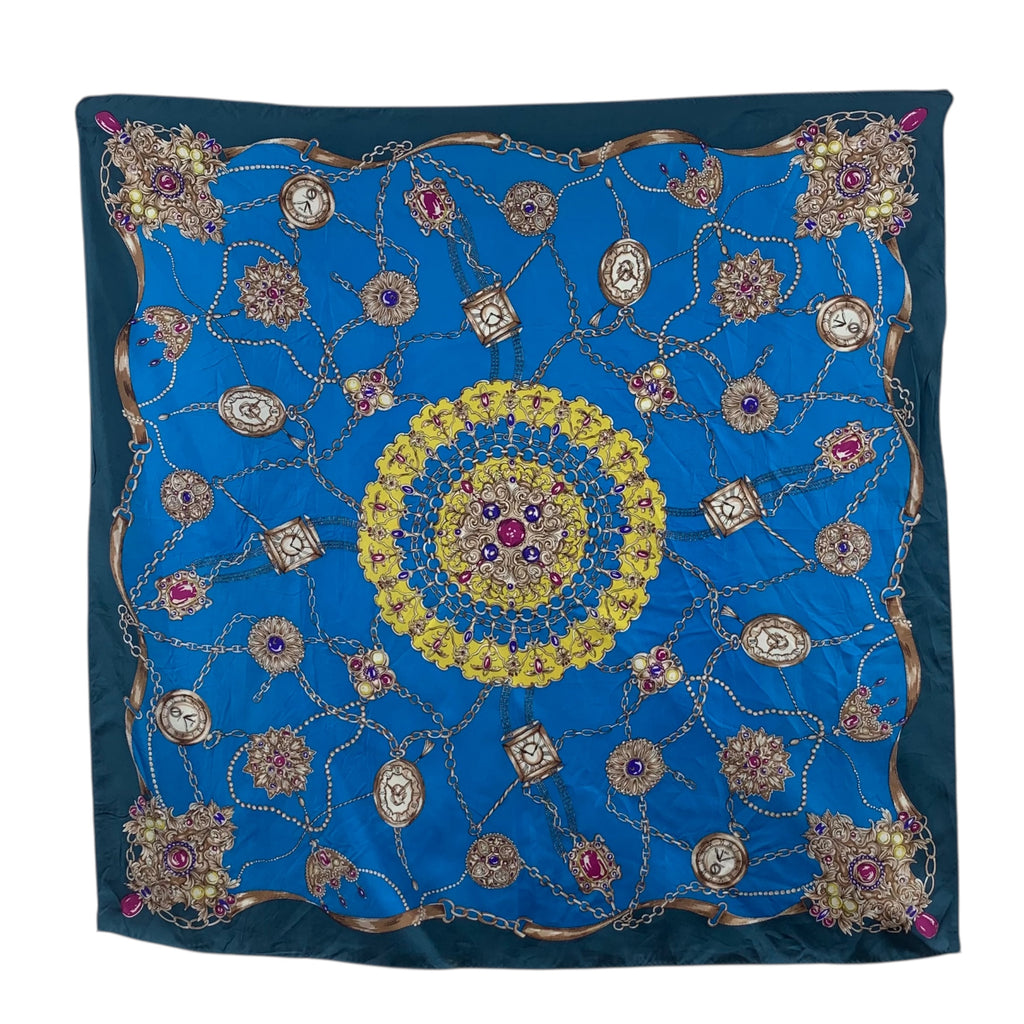 Vintage BEJEWELED MEDALLION GOLD Fuchsia Silk Scarf Hand Rolled Shawl Neckerchief