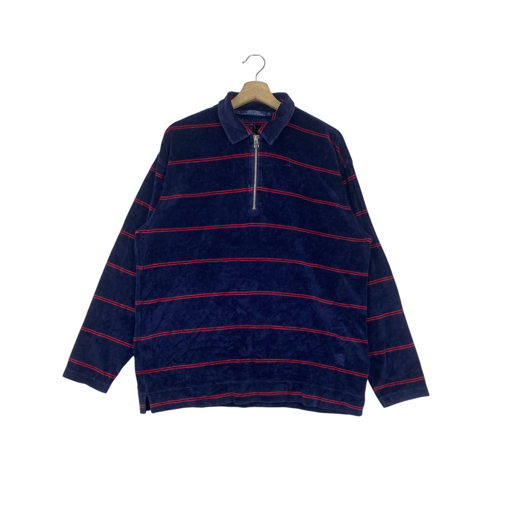 Vintage TOMMY HILFIGER Horizontal Striped Velour Long Sleeve Polo Shirt Quarter Zip Pullover Embroidered Crest Logo Preppy Streetwear Casual Rugby Style