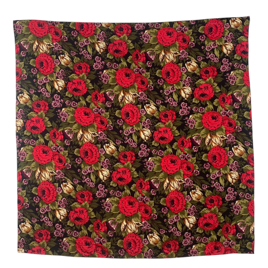 Vintage DARK FLORAL ROSE Bouquet Foliage Silk Scarf Hand Rolled Shawl Neckerchief
