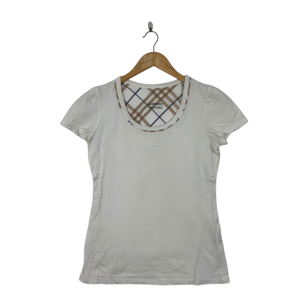 Vintage BURBERRY LONDON Black Label Nova Checks Tee Shirt Top White Plain Short Sleeve