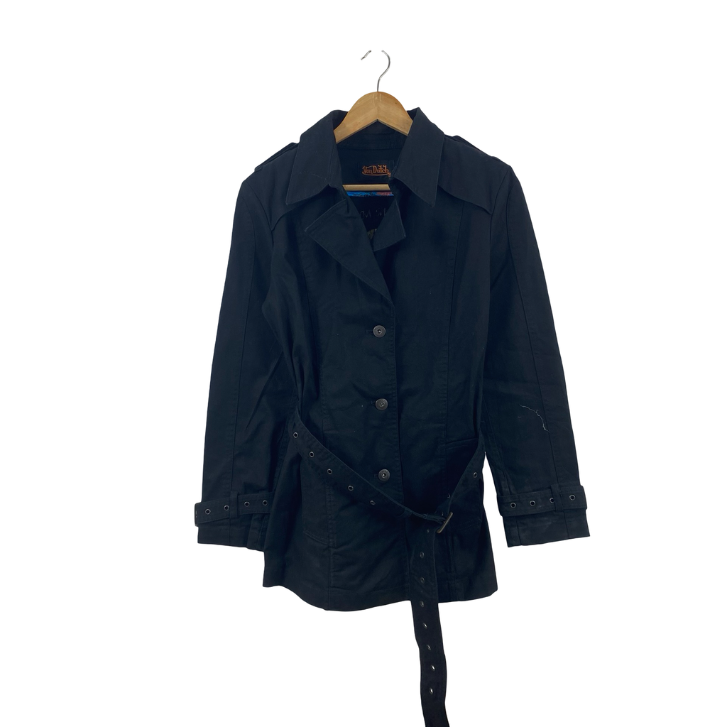 Vintage VON DUTCH Belted Trench Coat Jacket Military Style Long Coat Gothic Outerwear