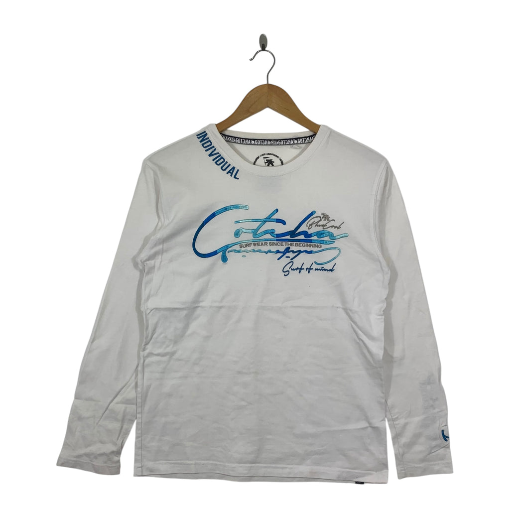 GOTCHA INTERNATIONAL SKATEBOARD Surfwear Embroidered Logo Tee Shirt Top White Long Sleeve