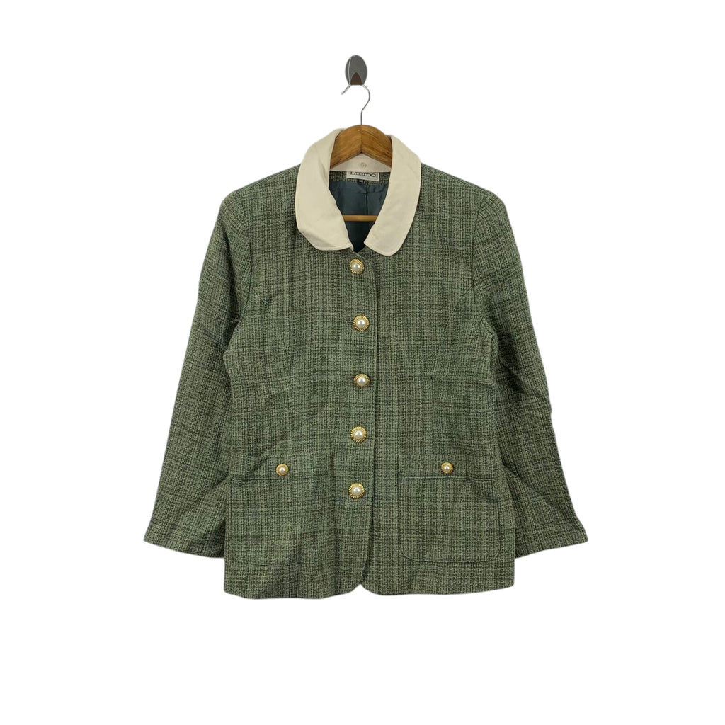 Vintage 90’ LIBIDO JAPAN Gold Pearl Button Green Plaid Tweed Jacket Coat