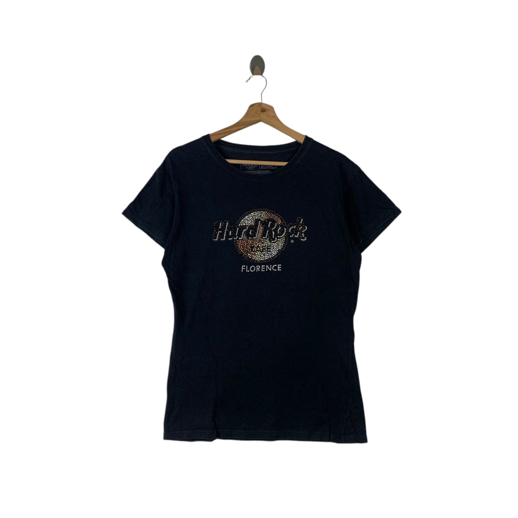 HARD ROCK CAFE Florence Rhinestone Logo Bling Tee Shirt Top Y2K Black