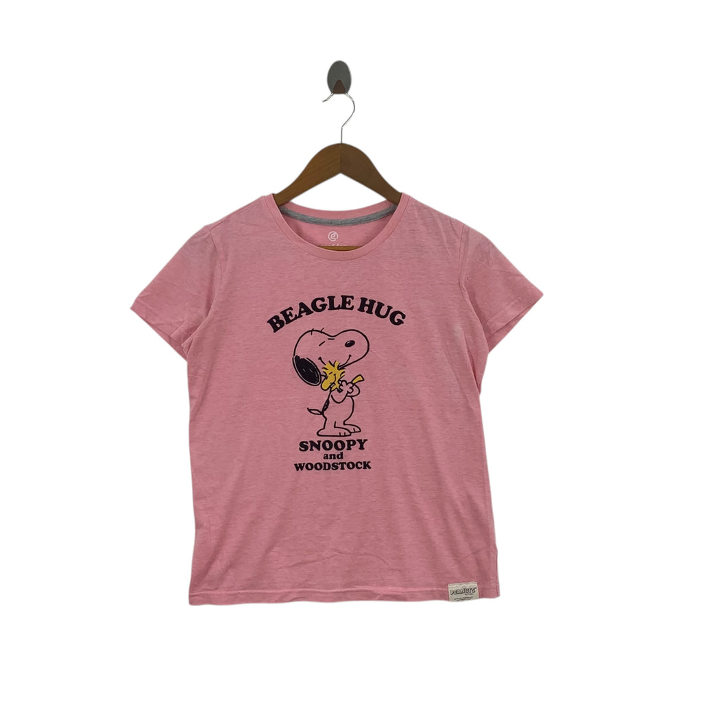 PEANUTS SNOOPY WOODSTOCK Cartoon Pink Tee Shirt Top Comic Strip