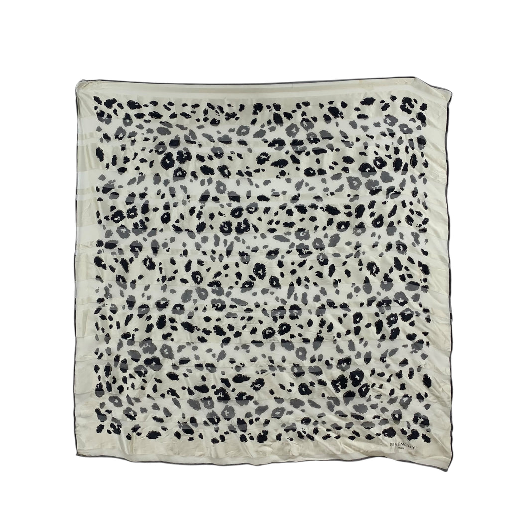 Vintage GIVENCHY PARIS LEOPARD Print Silk Scarf Shawl Hand Rolled Neckerchief Monochrome Ivory Base