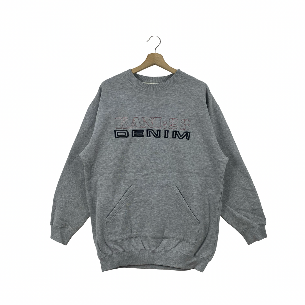 Vintage KANI SPORTS KANI:23 Denim Embroidered Sweatshirt Crewneck Pullover Streetwear Hip Hop Kangaroo Pocket Fleece Jumper