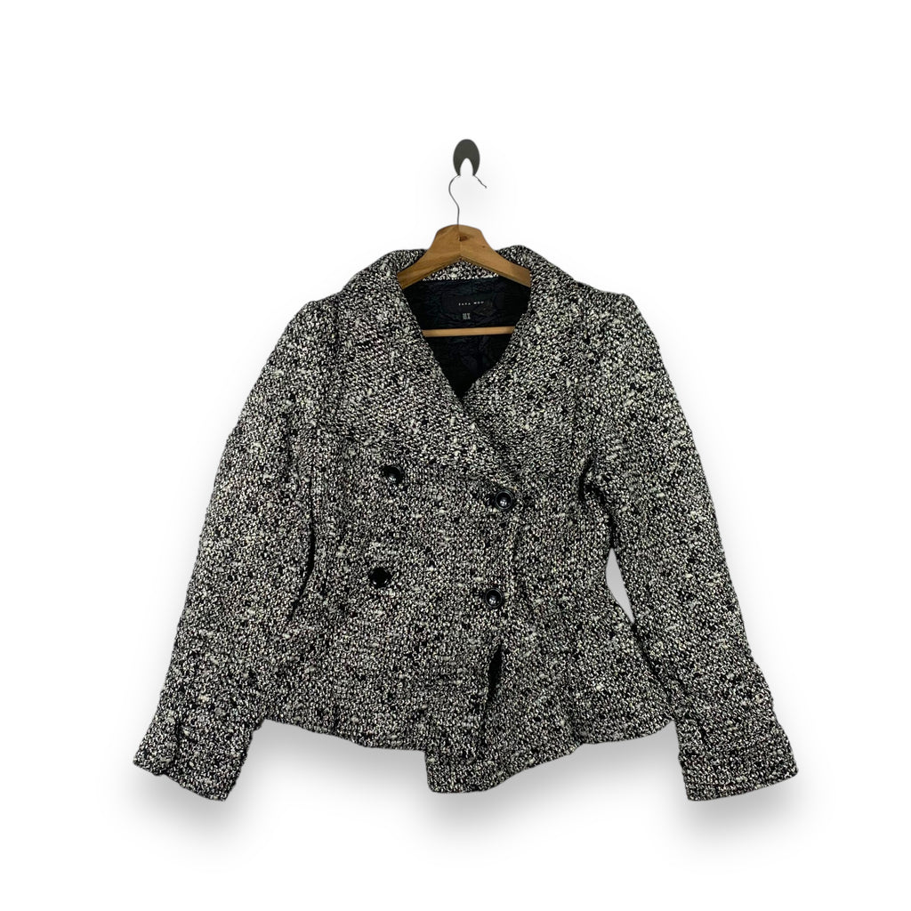 ZARA WOMAN Tweed Peacoat Double Breasted Jacket Textured Wool Blend Houndstooth