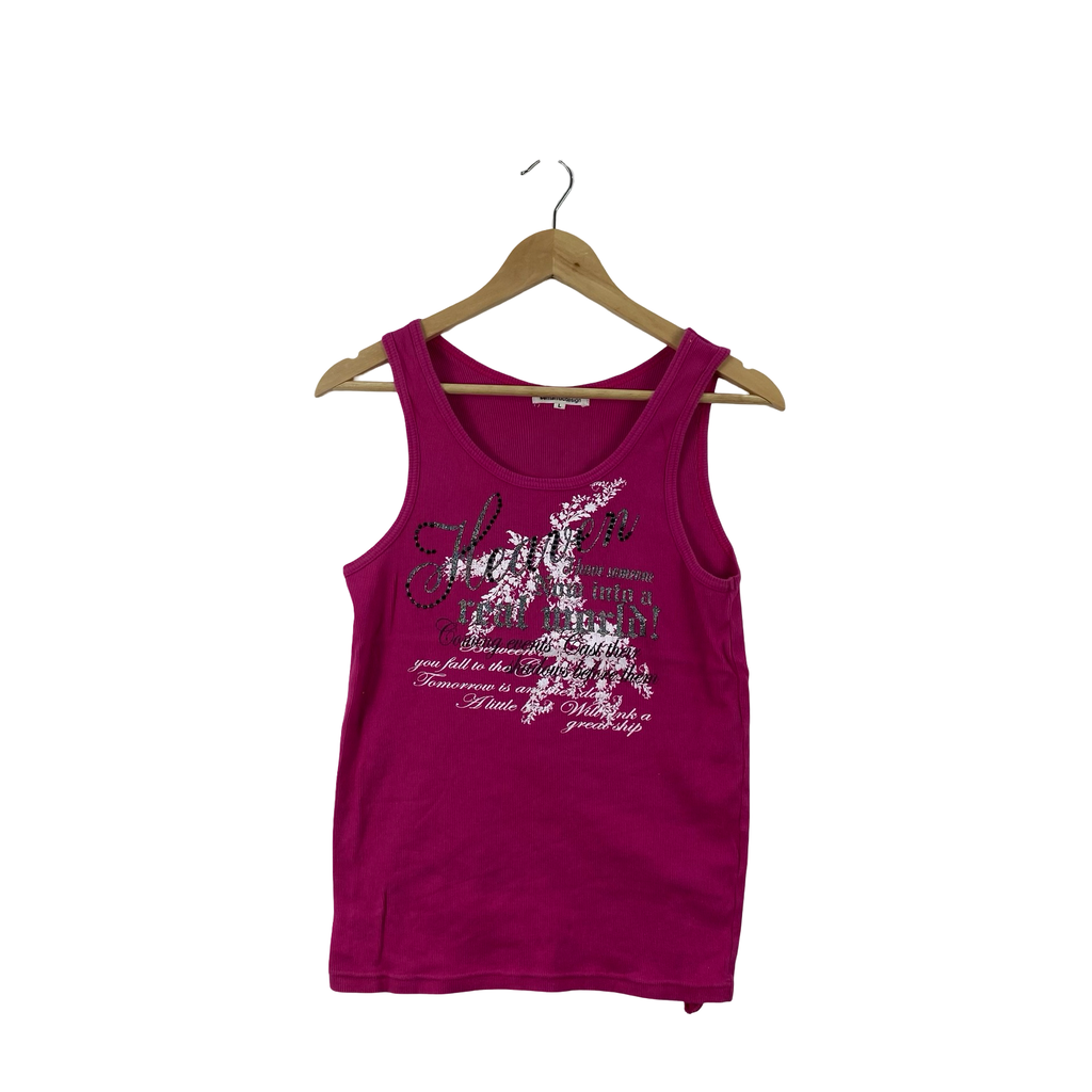 Vintage FASHION GRAPHIC RIBBED Tank Top Floral Script Sleeveless Y2K