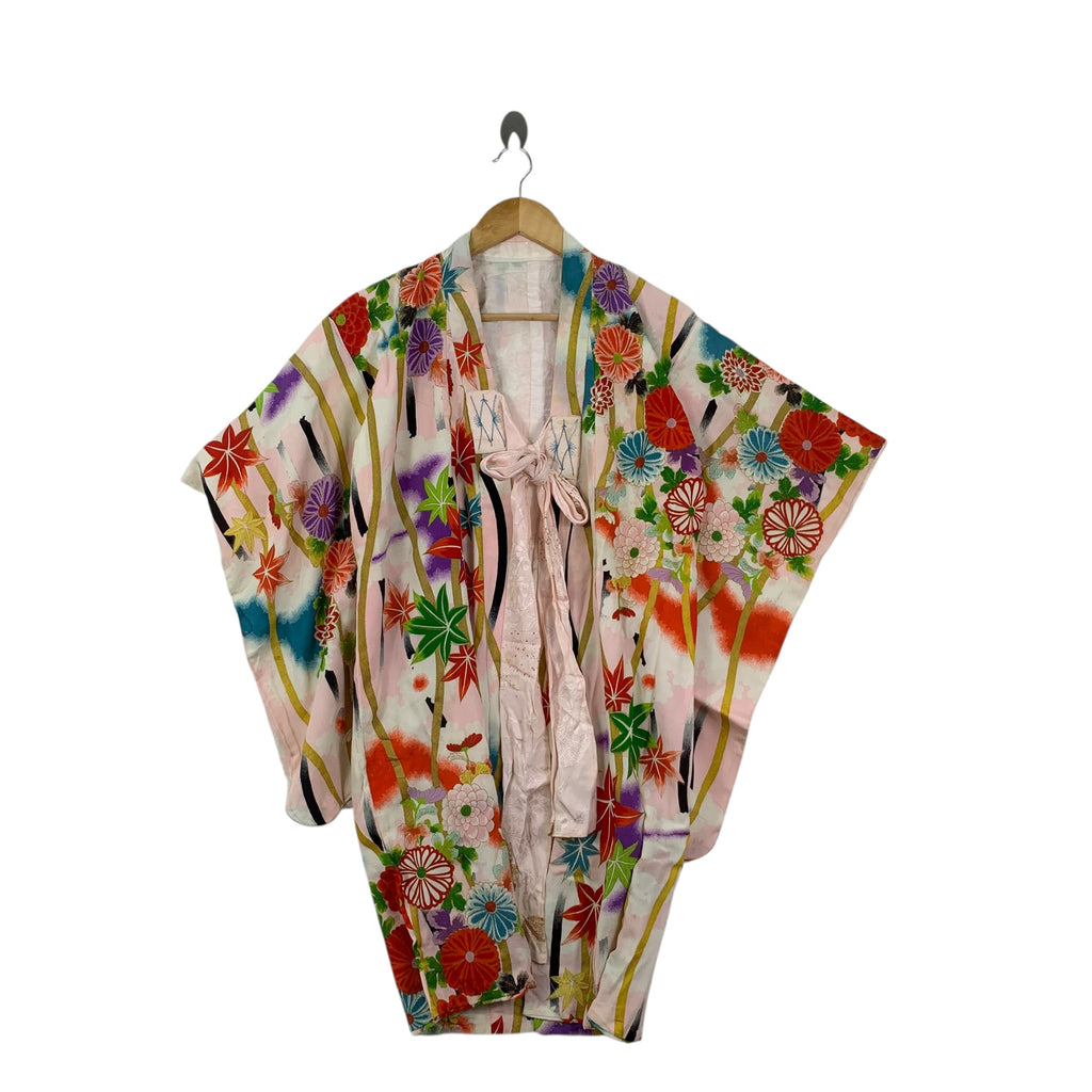 Vintage 70s KIMONO JAPAN FLORAL Flower AOP Sukajan Coat Jacket Traditional Temple