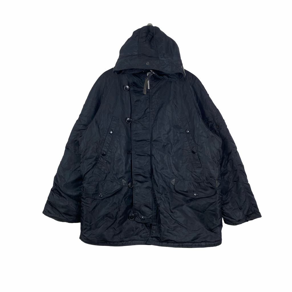 Vintage ALPHA INDUSTRIES INC Hooded Military Field Parka Jacket USA Defense Contractor Utility Pockets Full Zip Button Front