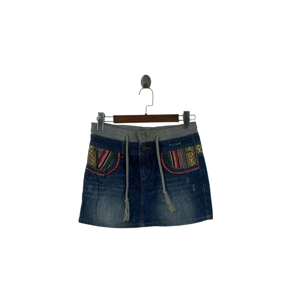 BILLABONG SURF NAVAJO Native Aztec Denim Jeans Mini Skirt Bottom Seasoned Distress Design