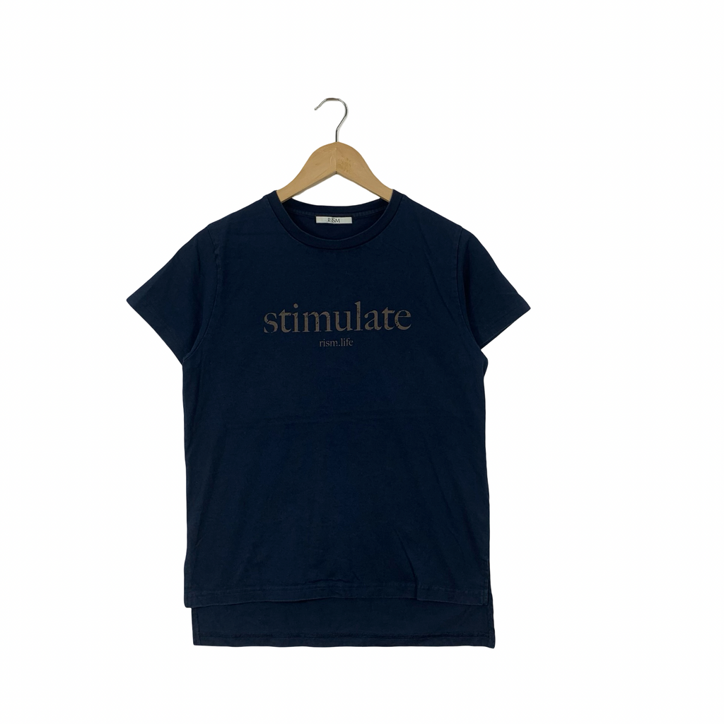 R ISM Stimulate Minimalist Text Based Graphic faded Gold Tee Shirt Top