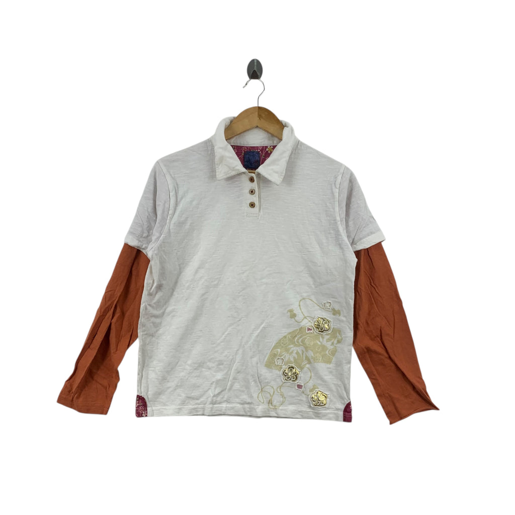 Vintage JAPAN TRADITIONAL TEMPLE Souvenir Y2K Polo Tee Shirt Top Long Sleeve Folklore