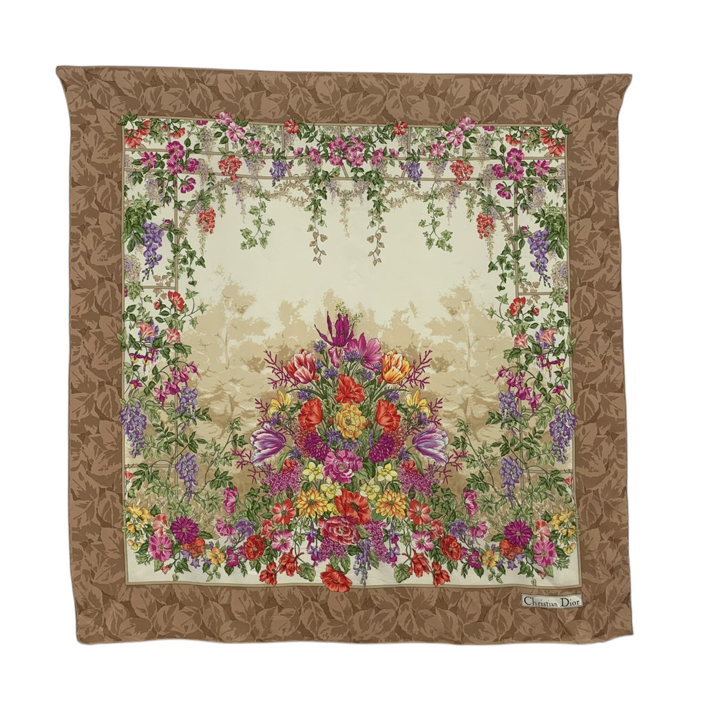 Vintage CHRISTIAN DIOR PARIS Floral Garland Silk Scarf Hand Rolled Shawl Neckerchief Hanging Bouquets