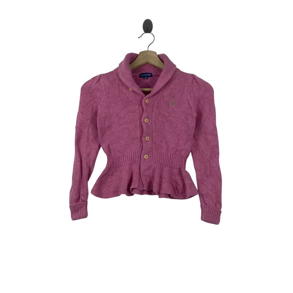 Vintage POLO RALPH LAUREN Small Pony Knit Cardigan Sweater Button Up Peplum Jacket With Shawl Collar Green Pony Logo Classic Preppy Style