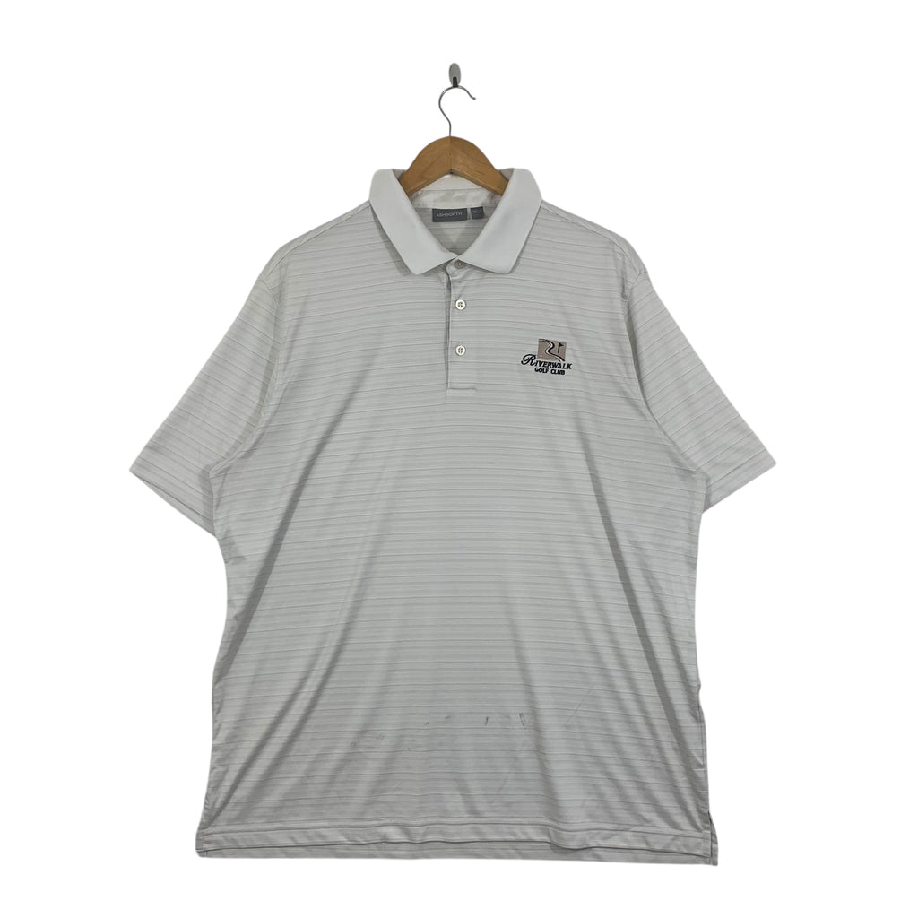ASHWORTH Riverwalk Golf Club Emroidered Logo Tee Shirt Top White Stripes Short Sleeve