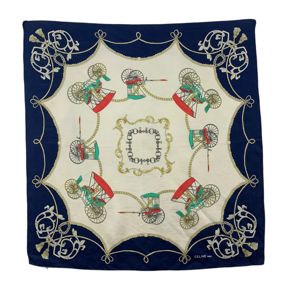 Vintage CELINE PARIS Equestrian Baroque Silk Scarf Hand Rolled Shawl Neckerchief Carriage Wheel