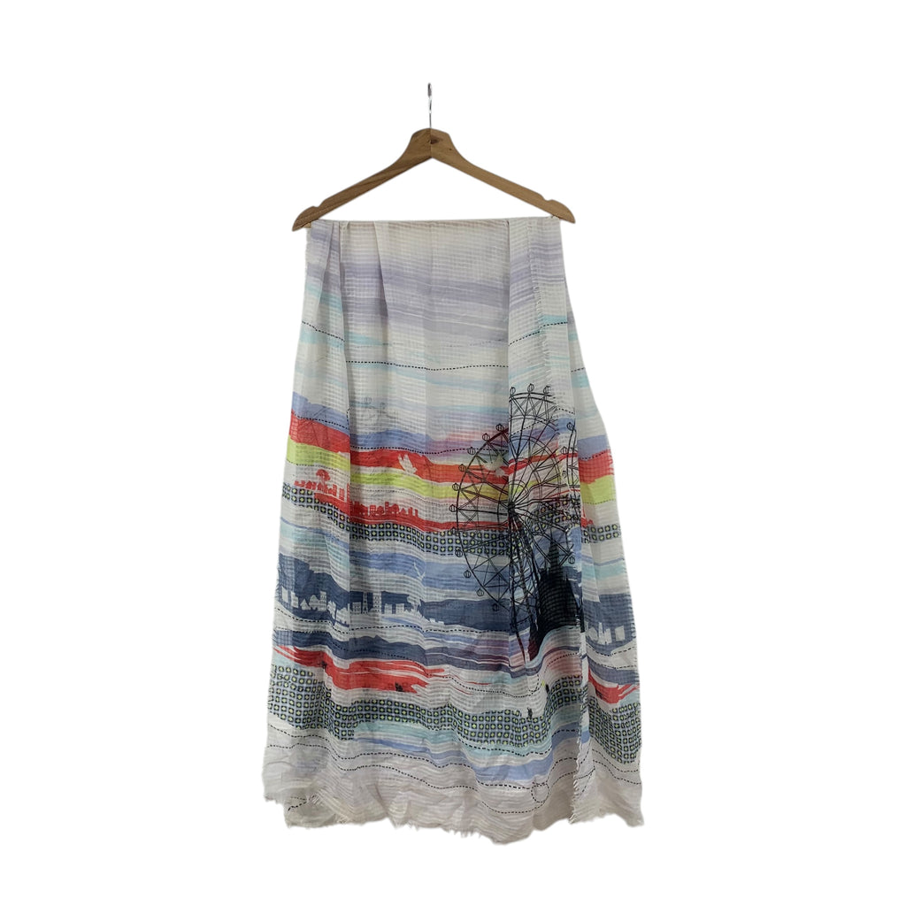 Vintage MOON BAT JAPAN Ferris Wheel Painting Muffler Scarf Shawl Fringes