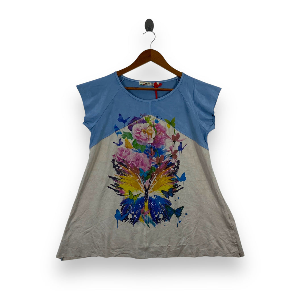 Vintage MISS MISS Floral & Butterfly Stretchy Print Women Blouse Made In Italy