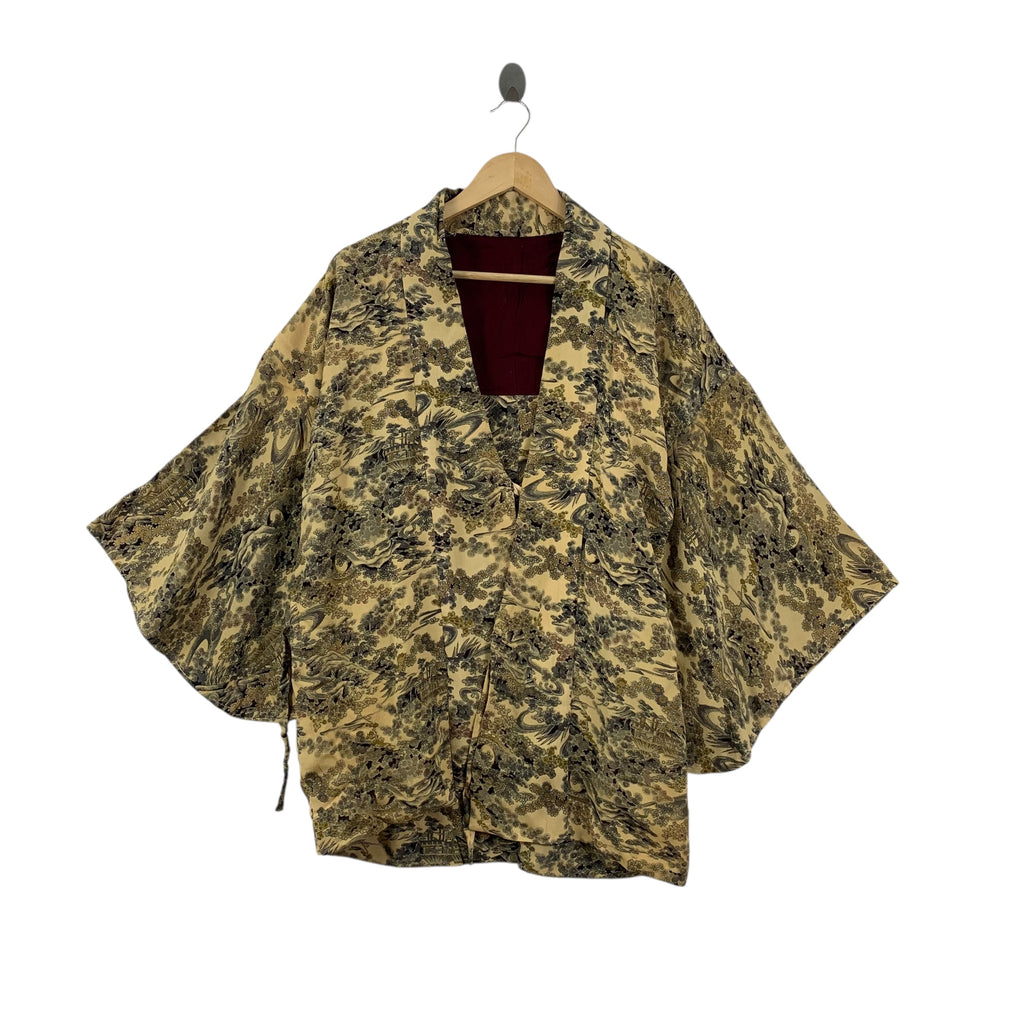 Vintage 70s KIMONO JAPAN  FUKEI MONYO Traditional Landscape Robe Coat Temple Onsen Yukata Dress Jacket Coat