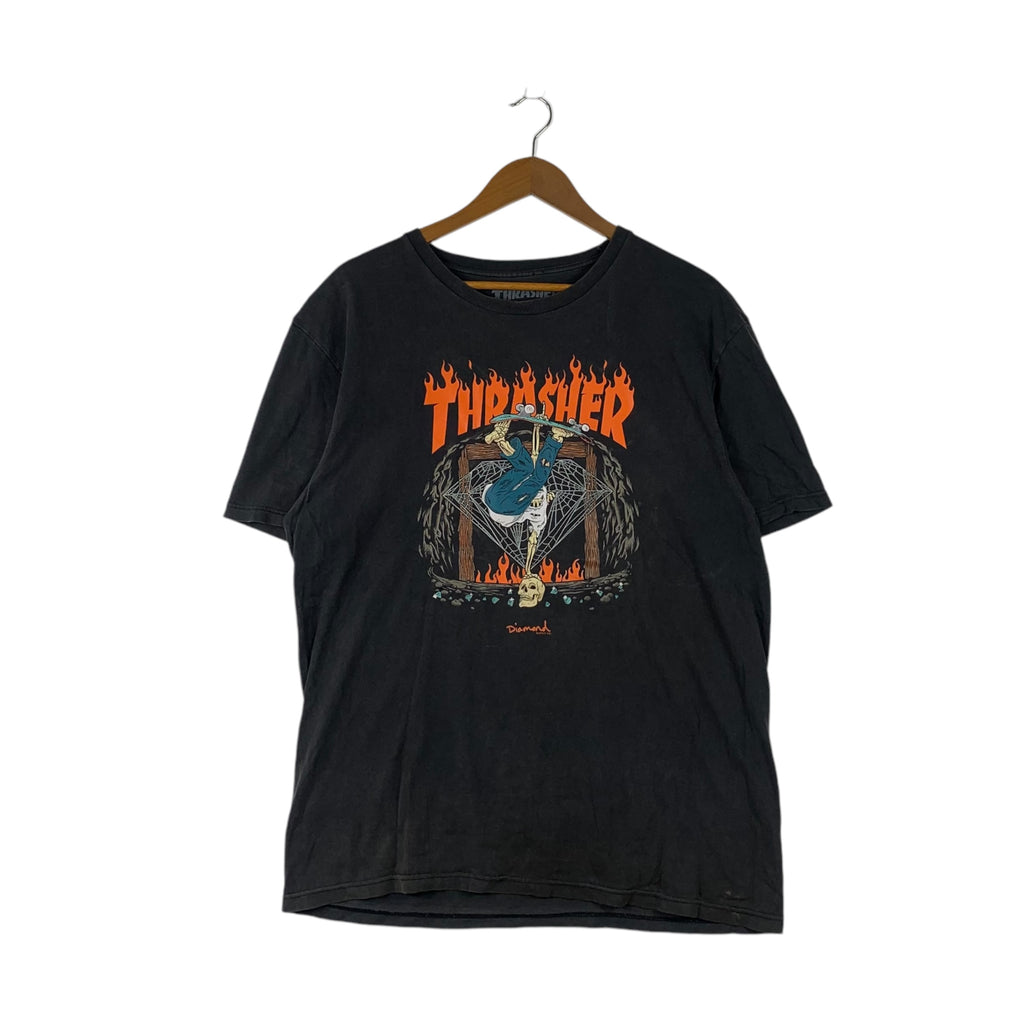 THRASHER MAGAZINE x DIAMOND SUPPLY Skateboard Tee Shirt Top Bones Skull Flame Tribal