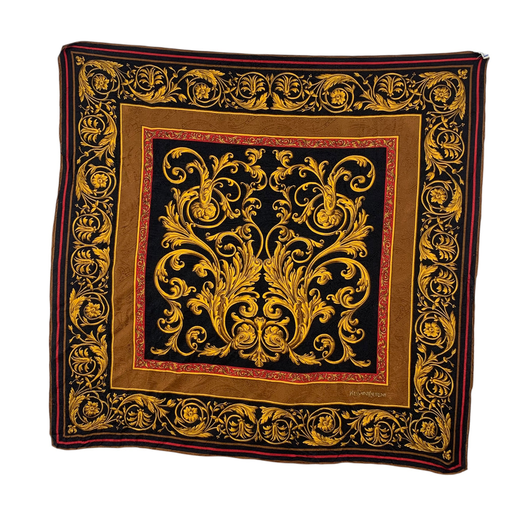 Vintage YVES SAINT LAURENT PARIS YSL Baroque Silk Scarf Hand Rolled Shawl Neckerchief Ornate Design
