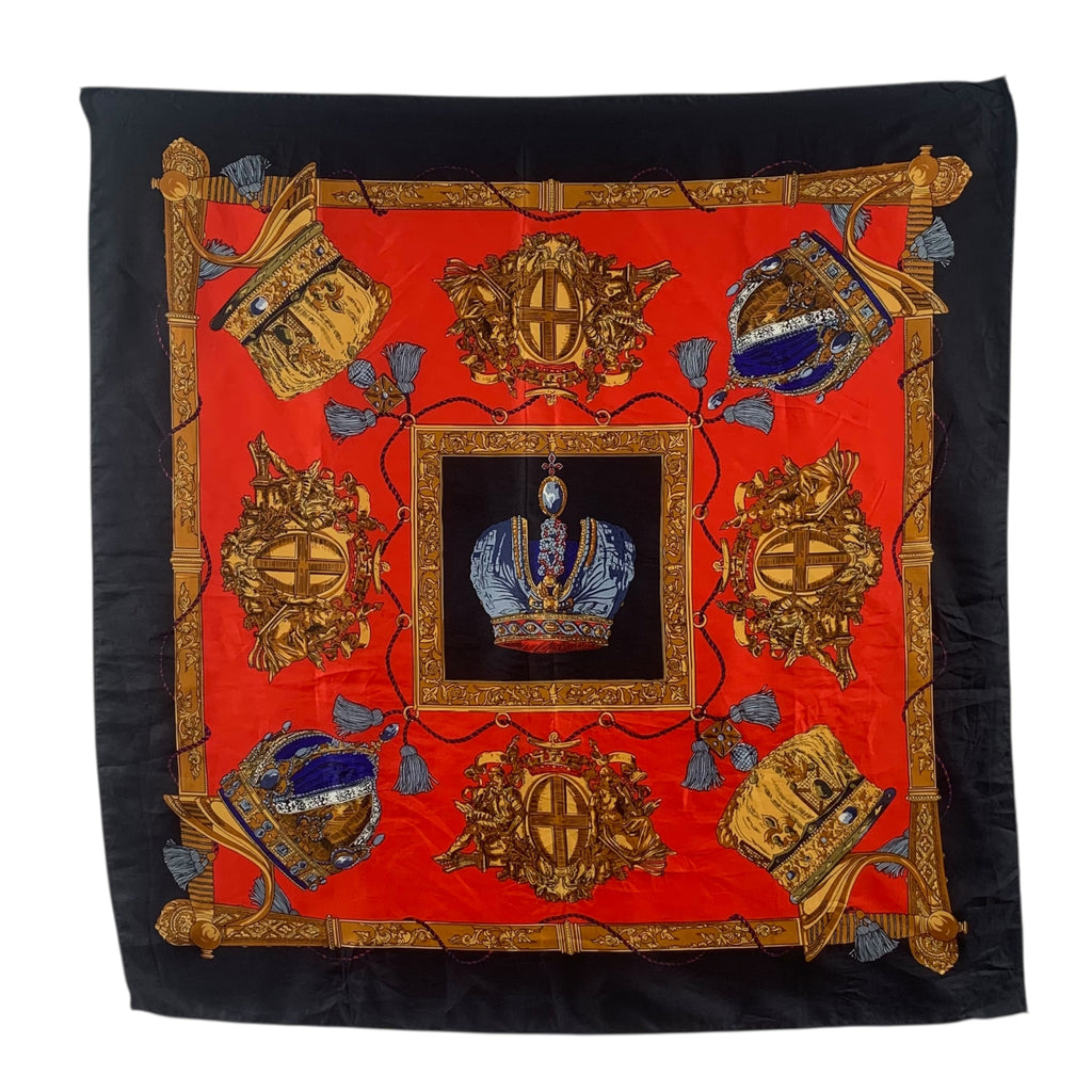 Vintage ROYAL CREST Gold Crown Tassel Medallion Silk Scarf Hand Rolled Shawl Neckerchief
