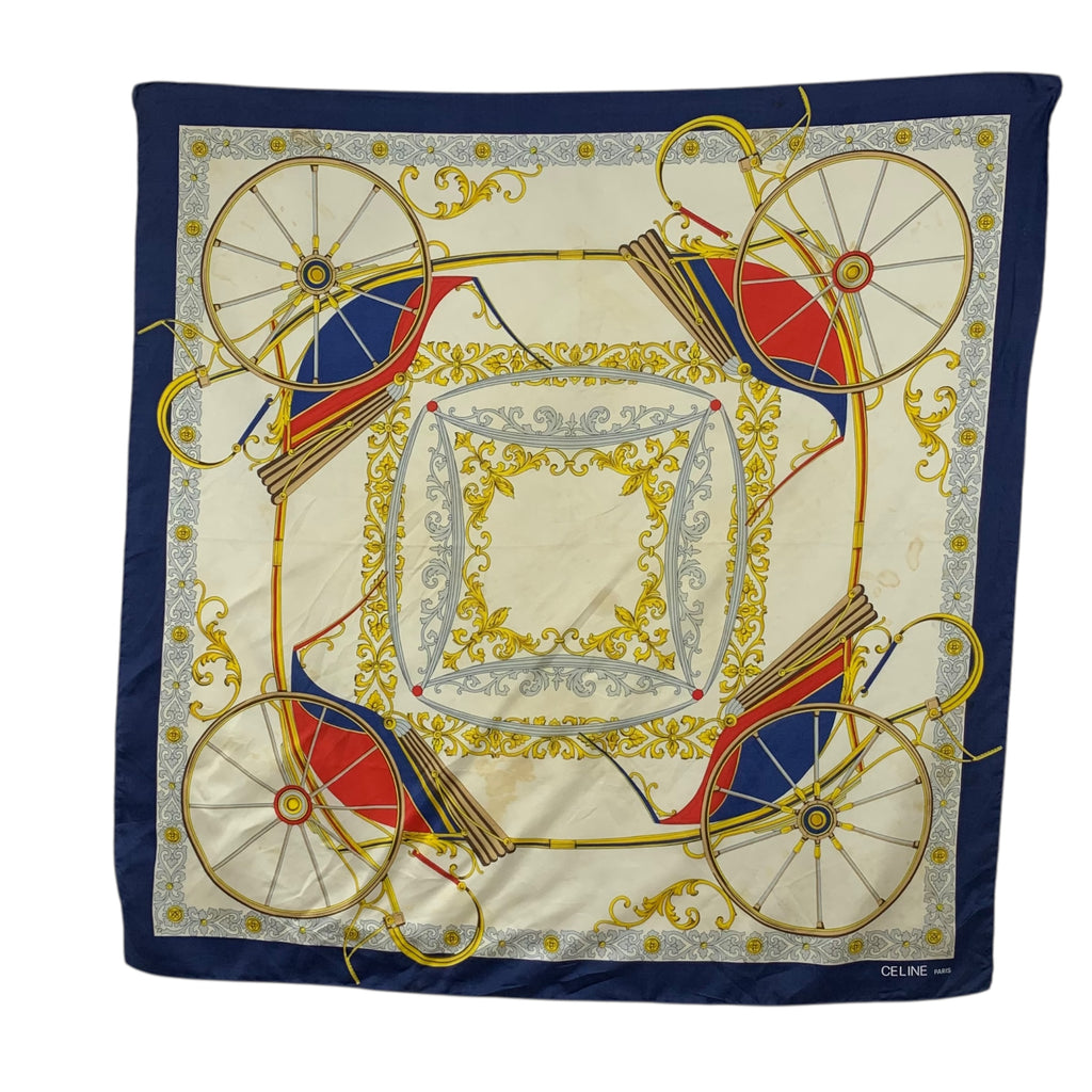 Vintage CELINE PARIS Equestrian Baroque Silk Scarf Hand Rolled Shawl Neckerchief Carriage Wheel
