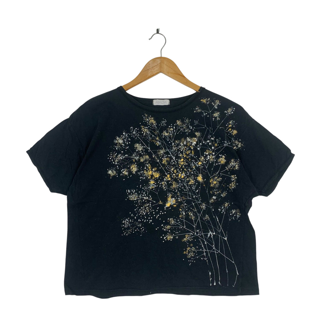 ALBALOLA Japan Designer Flower Drawing Painting Tee Shirt Top Illustration Black Short Sleeve
