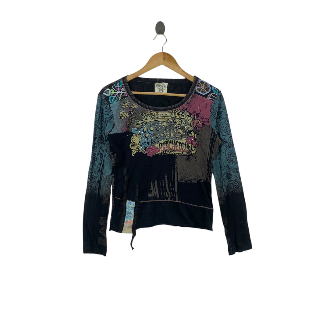 Vintage SKINNY MINNIE PSYCHEDELIC Rhinestone Bling Tee Shirt Top Long Sleeve