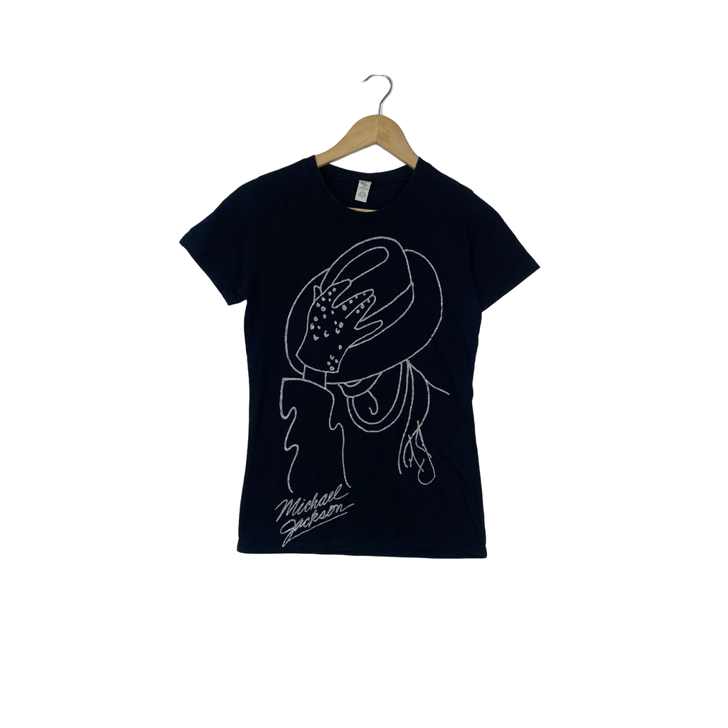 MICHAEL JACKSON Signature Graphic T-Shirt Glitter Outline Portrait Pop Music Fan Fine Jersey