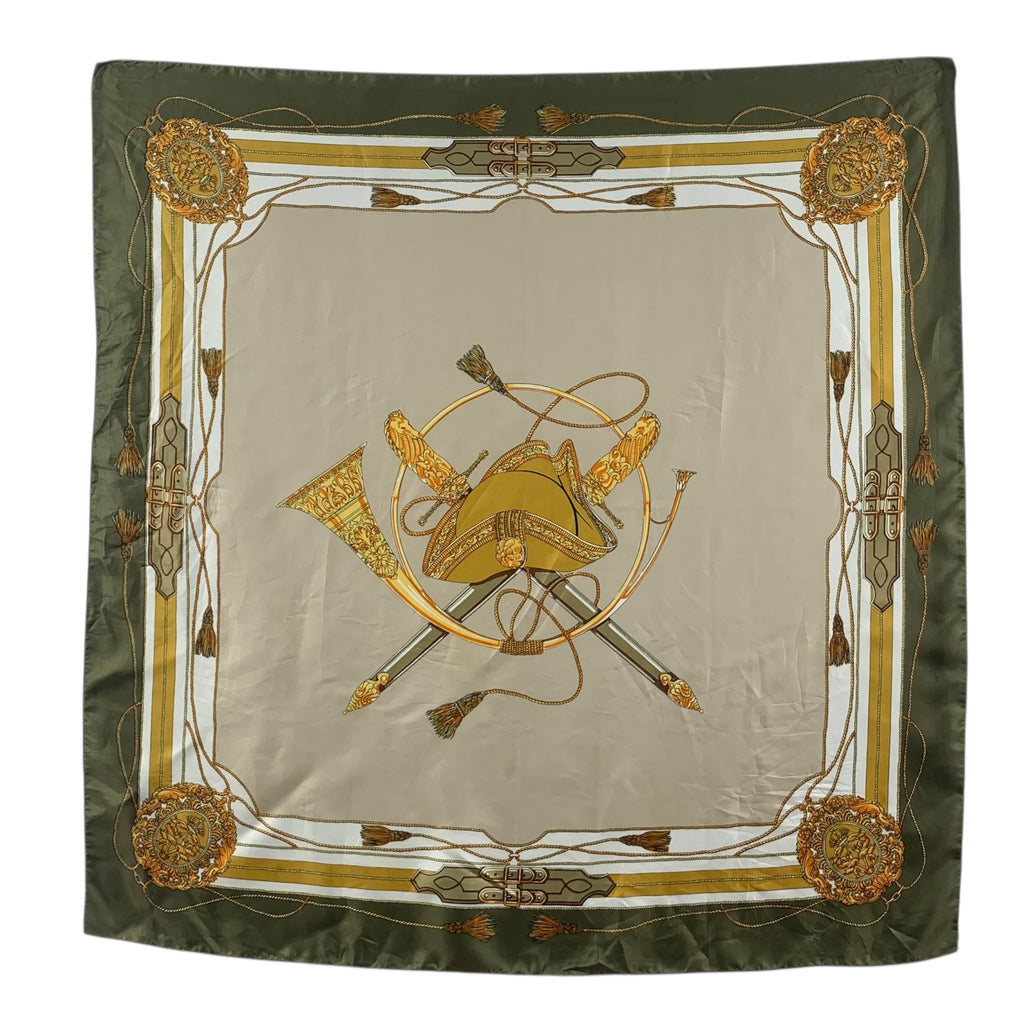 Vintage EQUESTRIAN CAVALRY SABERS Military Horn Silk Scarf Hand Rolled Shawl Neckerchief
