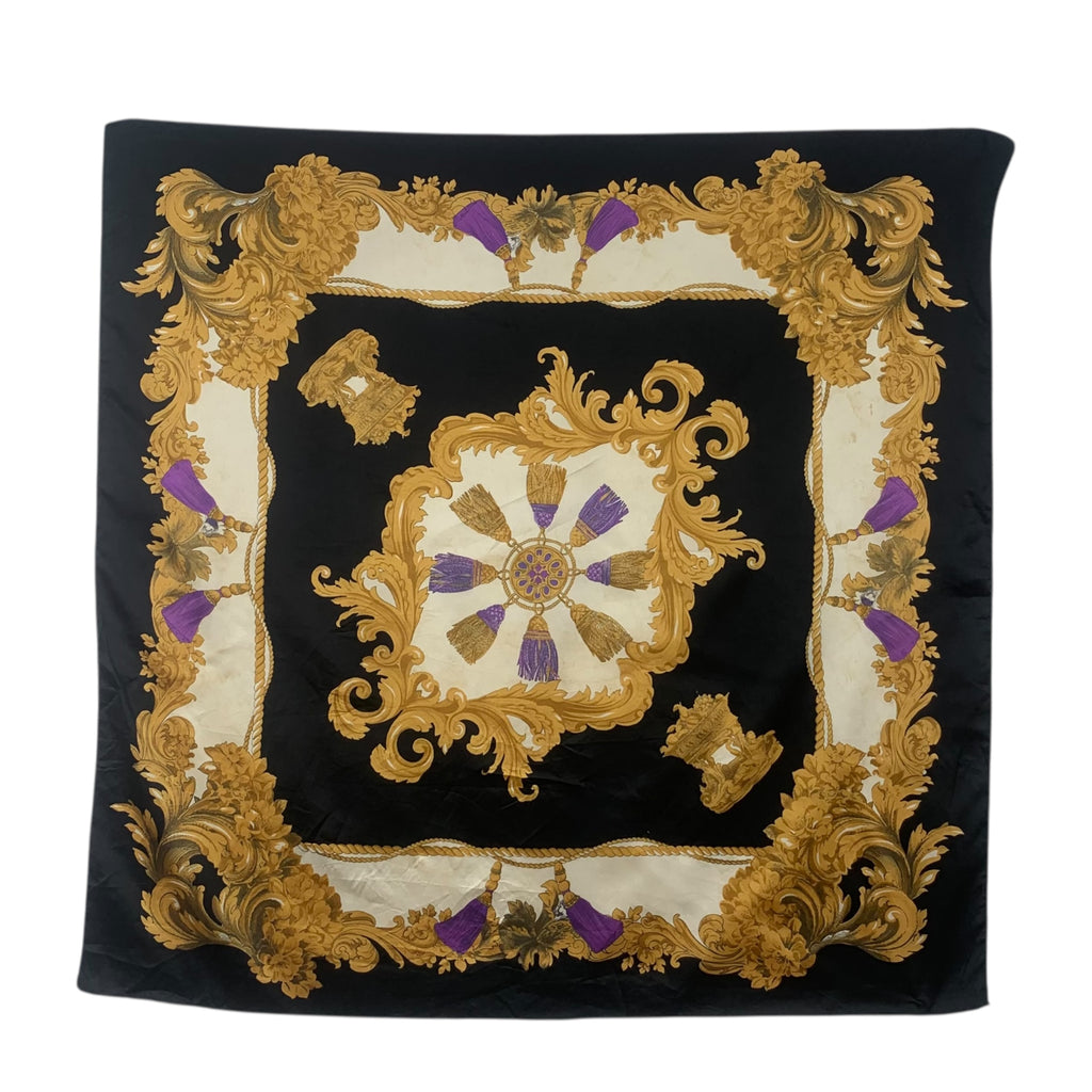 Vintage BAROQUE TASSEL CROWN Made In Italy Scarf Hand Rolled Shawl Neckerchief Black & Gold