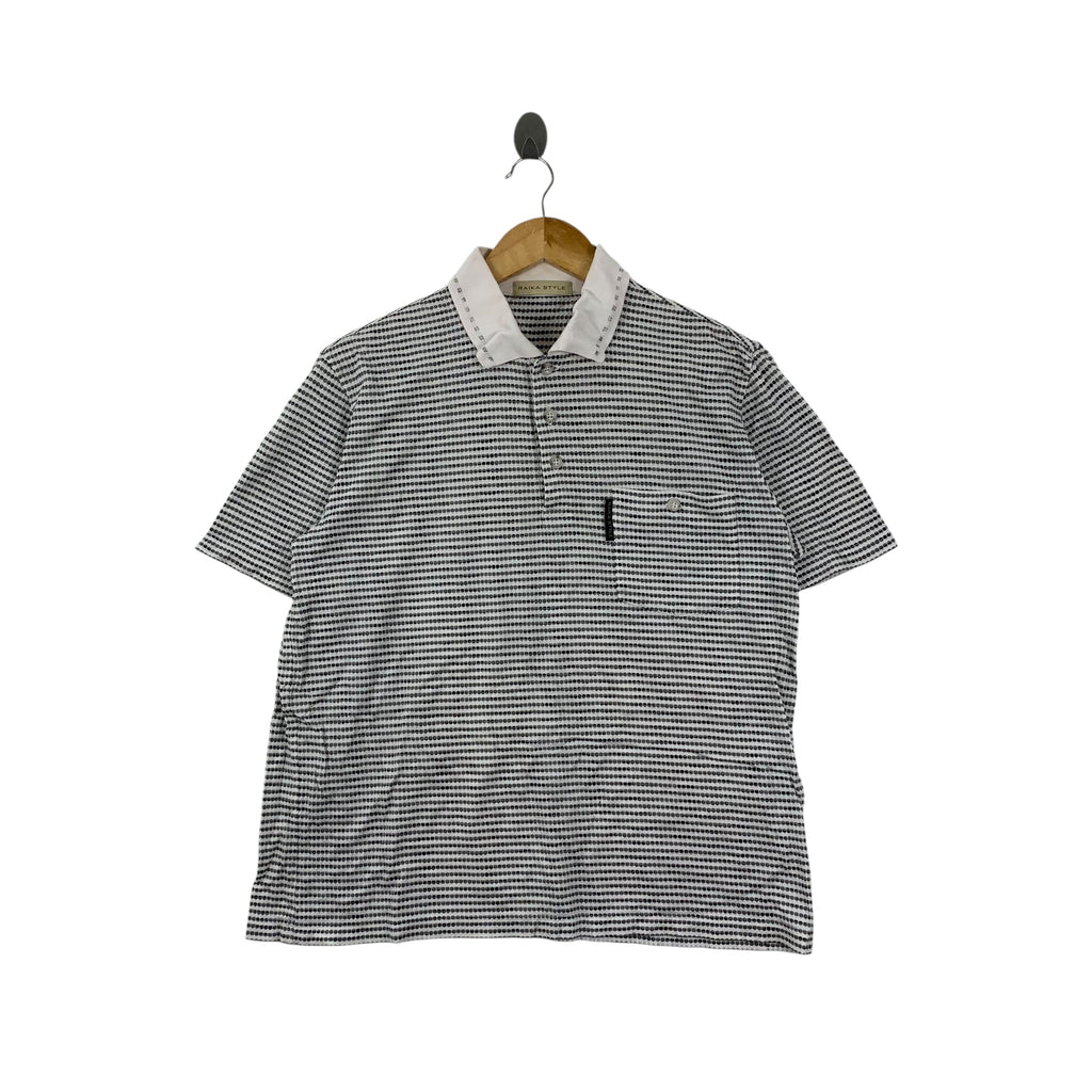 RAIKA STYLE Design Black White Micro Stripe Polo Tee Shirt Top Short Sleeve