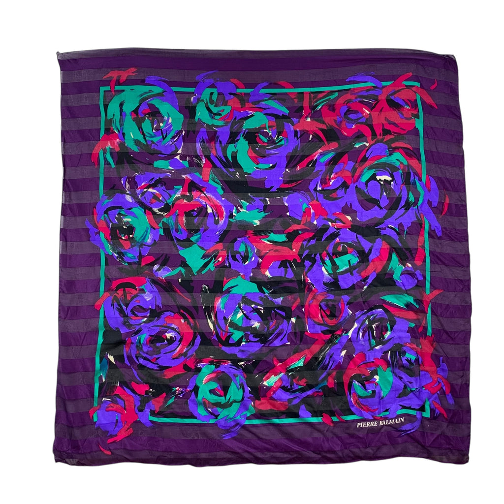 Vintage PIERRE BALMAIN PARIS Pop Art Rose Silk Scarf Hand Rolled Shawl Neckerchief Neon Floral Swirls