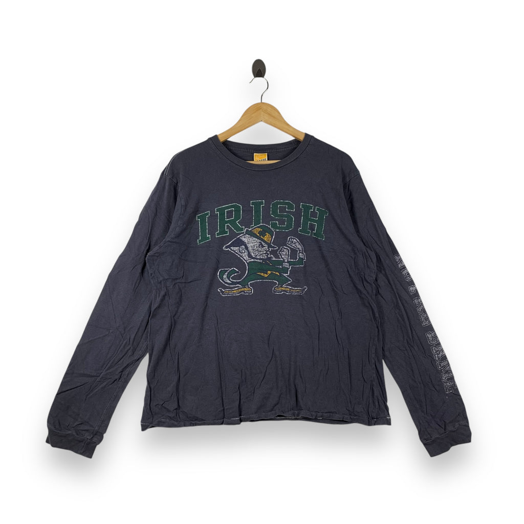 Vintage NOTRE DAME FIGHTING IRISH Distress Design Tee Shirt Black Leprechaun Logo NCAA League